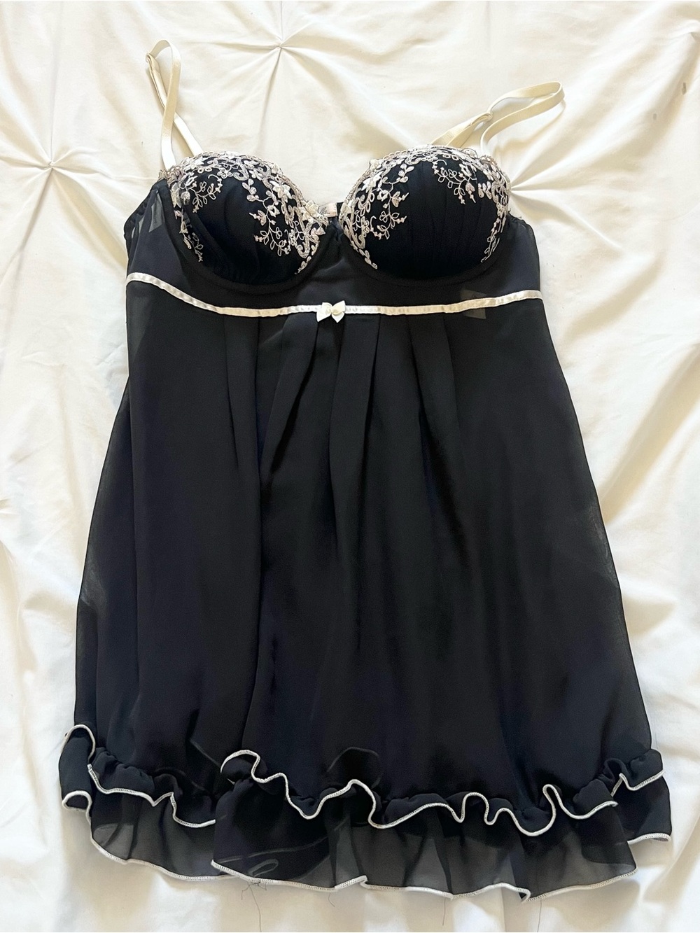 Linea Donatella Black and Cream Embroidered Babydoll Chemise